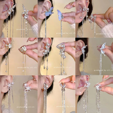 DAIIIBABYYY  -  Women Fairy Korean Fashion Butterfly Star Bow-knot Ear Clip Earrings Rhinestone Long Pearl Tassel Drop Ear Cuff Jewelry